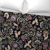 Pollinator dragons - traditional fantasy floral, goth - muted jewel tones on black - jumbo