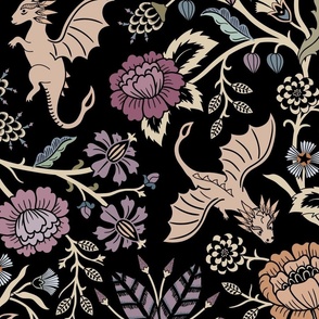 Pollinator dragons - traditional fantasy floral, goth - muted jewel tones on black - jumbo