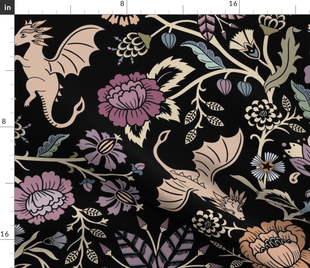 Pollinator dragons - traditional fantasy floral, goth - muted jewel tones on black - jumbo