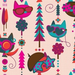 Cool Cats in Hats and Sunglasses with Flowers Trees Orange Teal Pink