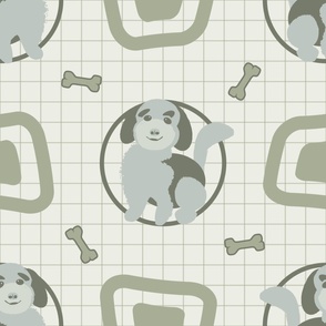 Doodle Pet Puppy Dog Round Square Green, LARGE Muted; Doodle,  Golden Doodle, Baby Boy, Baby Girl, Blanket, Gray, Green, Geometric, Grid, Check, checkerboard, Cute, Cuter, Cutest Kids Sheets, Blanket, Nursery, Baby Shower—6300