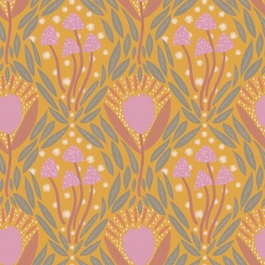 Art deco tulip mushroom floral vines - pink and yellow gold