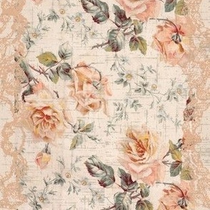 Cottage style roses and lace on peachy wallpaper