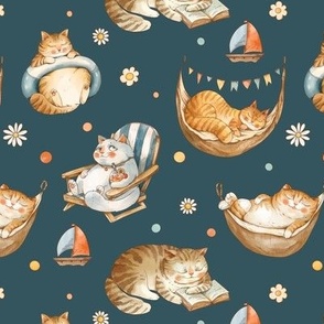 Cats on vacation on navy blue