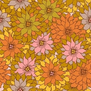 Hand Drawn Flowers in July - Retro Orange And Green.
