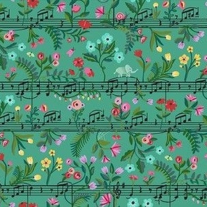 Magical scene of baby elephants playing in a colorful flower garden with music notes and hidden moths - hand painted and gouache .