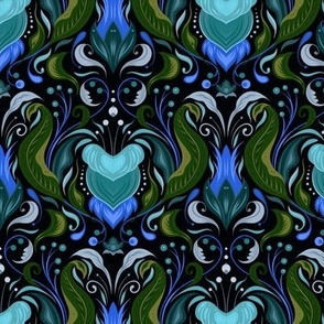 Art Nouveau Tulip Damask in Turquoise, Sapphire, and Kelly Green