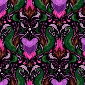 Art Nouveau Tulip Damask in Hot Pink, Amethyst, and Jade Green
