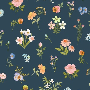 Mixed Field Florals _Spring wildFlowers_Navy