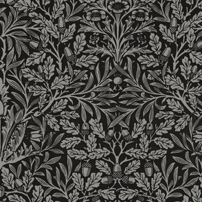 acorn damask black wallpaper restored historical antique William Morris in black // dark academia, arts and crafts, spooky, moody wallpaper with block printing texture