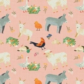 Farm animals and flowers on pink linen, small scale, non-direction