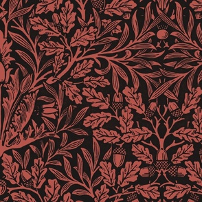 acorn damask restored historical antique William Morris in black and red with block printing texture, Arts and Crafts, woods, woodlands, Woodland damask