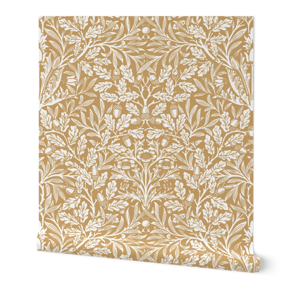 acorn damask restored historical antique Large William Morris vintage home decor in honey wheat mustard gold  and ivory white with block printing texture wallpaper