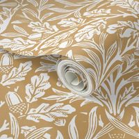 acorn damask restored historical antique Large William Morris vintage home decor in honey wheat mustard gold  and ivory white with block printing texture wallpaper