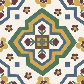  Portuguese tile design-Floral Geo Medallions- Petite Flowers, Medieval Geometric design. 