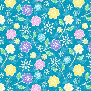 Pastel Assorted Flowers on Caribbean Blue Butterfllies