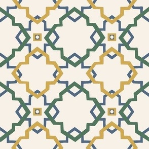 Portuguese Tile Design- Geometric Medallions- linear geometric design, yellow, blue, green on ivory.