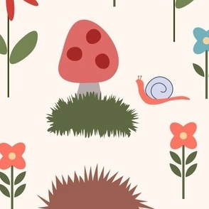 Jumbo scale Hedgehogs staycation in the garden - grass is always greener, with garden critters for company,  for home decor, nursery curtains, cot sheets, breastfeeding pillows, cloth diapers, kids apparel.
