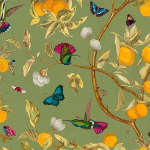 Hummingbirds, lemons and butterflies in sage green 