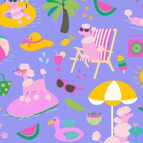 Poodle pool party - pets on vacation - pink poodles having fun in the summer sun - bright, colorful and happy dog design - pink, green and yellow on blue - small