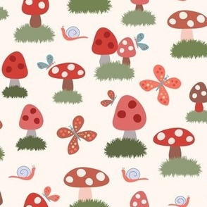 334 - Small scale Mushrooms, snails and butterflies in the garden - for nursery wallpaper, baby bed linen, cot sheets, nursing pillows, pillows for children, play tents, playmats, pet blankets.