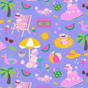 Poodle pool party - pets on vacation - pink poodles having fun in the summer sun - bright_ colorful and happy dog design - pink_ green and yellow on blue - medium