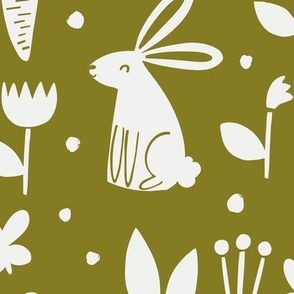 Large // Rabbits in Field Monochrome Moss