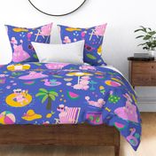 Poodle pool party - pets on vacation - pink poodles having fun in the summer sun - bright, colorful and happy dog design - pink, green and yellow on blue - huge large jumbo size for bedding