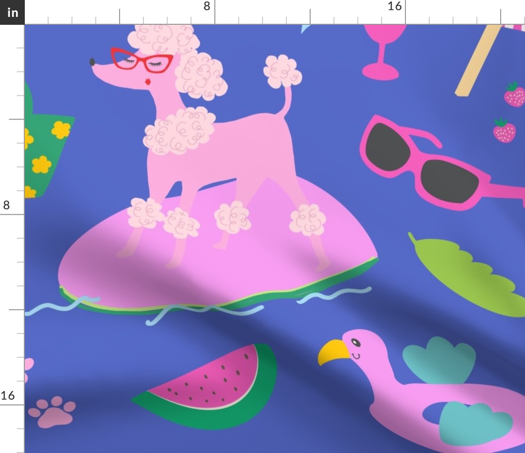 Poodle pool party - pets on vacation - pink poodles having fun in the summer sun - bright, colorful and happy dog design - pink, green and yellow on blue - huge large jumbo size for bedding