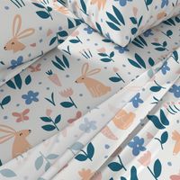 Large // Rabbits in Field Blue and Pink