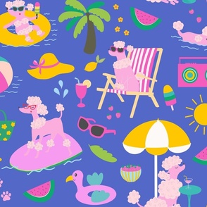 Poodle pool party - pets on vacation - pink poodles having fun in the summer sun - bright, colorful and happy dog design - pink, green and yellow on blue - large