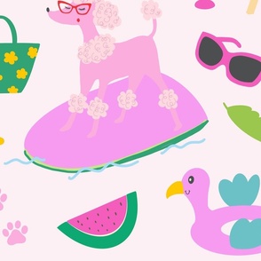 Poodle pool party - pets on vacation - pink poodles having fun in the summer sun - bright, colorful and happy dog design - pink, green and yellow on white - huge