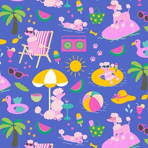 Poodle pool party - pets on vacation - pink poodles having fun in the summer sun - bright, colorful and happy dog design - pink, green and yellow on blue - medium 