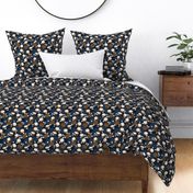 Lush jungle leaves and coconuts - island summer blossom surf garden palm leaves colorful navy blue night
