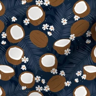 Lush jungle leaves and coconuts - island summer blossom surf garden palm leaves colorful navy blue night