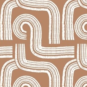 Small | Contemporary Geometric Hand-drawn White Line Art in Maze Stripes Grid Design on Rusty Terracotta Orange Background in Modern Minimalistic Mid-Century Aesthetic for Upholstery, Wallpaper, and Timeless Scandinavian Home Décor with Neutral Color Pale