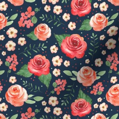 Medium Scale Coral Roses on Navy