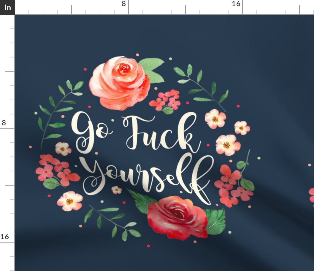 18x18 Panel Go Fuck Yourself Sarcastic Sweary Adult Humor Floral on Navy for DIY Throw Pillow or Cushion Cover