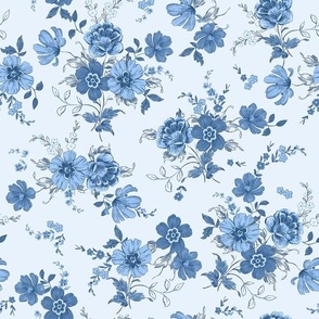 Vintage nostalgia floral monchrome blue