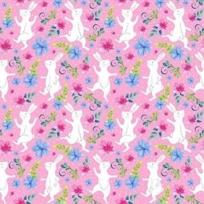 Small Scale Dancing White Rabbits on Pink
