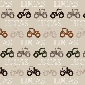 Lucas: Cheque Font on Tractors: Linen, Sugar Sand, Mud, Brown, Green Olive, Umber