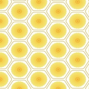 Yellow doodle flowers in hexagons. Geometric pattern. 
