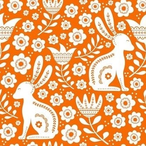 Medium Scale Folk Style White Rabbits on Carrot Orange