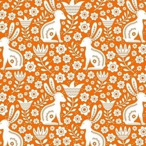 Small Scale Folk Style White Rabbits on Carrot Orange