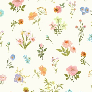 Mixed Field Florals _Spring wildFlowers_ LIGHT Ivory__LARGE