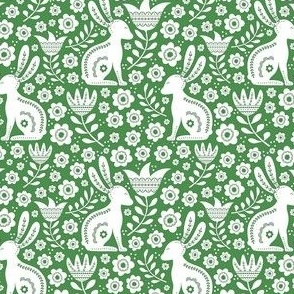 Small Scale Folk Style White Easter Bunnies on Green