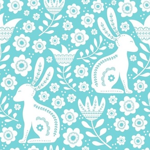 Large Scale Folk Style White Easter Bunnies on Pool Blue