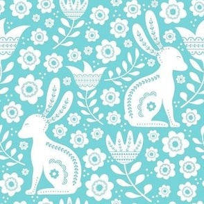 Medium Scale Folk Style White Easter Bunnies on Pool Blue