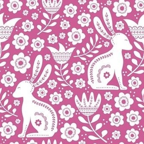 Medium Scale Folk Style Easter Bunnies on Raspberry Pink