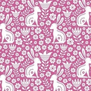 Small Scale Folk Style Easter Bunnies on Raspberry Pink